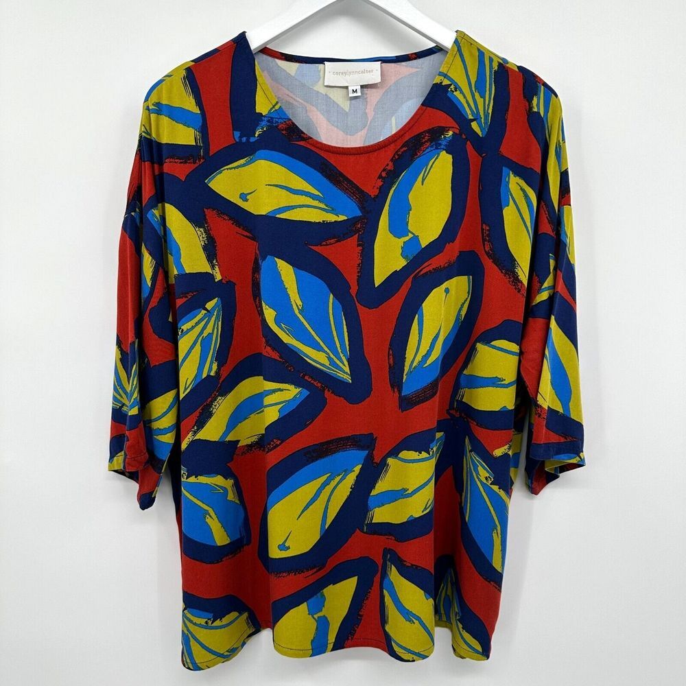 Corey Lynn Calter Red and Blue Leaf Print Blouse